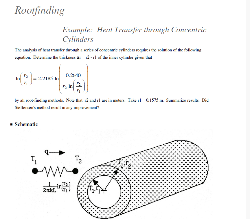 Hand-drawn schematic of heat conduction through a cylindrical wall, showing T1, T2, q, r1, r2, k, and L